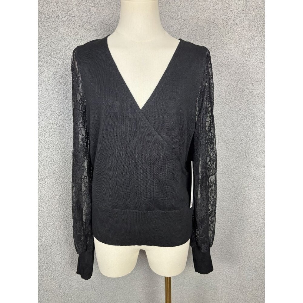 Madden Girl Juniors' Women Surplice-Neck Lace-Sleeve Sweater Black Size XL NWT's
